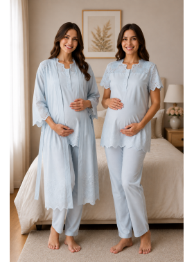 Effortt 9024 MAVİ KETEN Sabahlıklı Lohusa Pijama Takımı